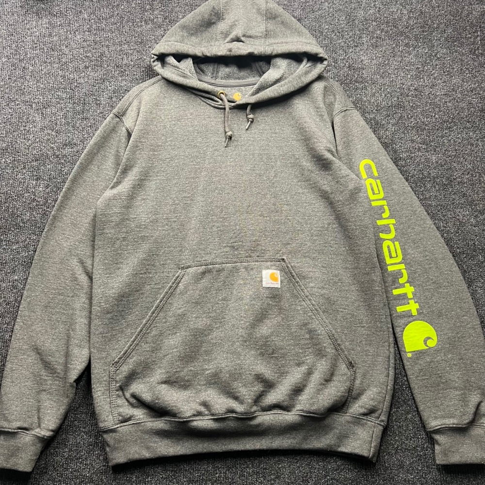 Carhartt Mens K288 Logo Graphic Hoodie Gray Neon Yellow Original Fit Small